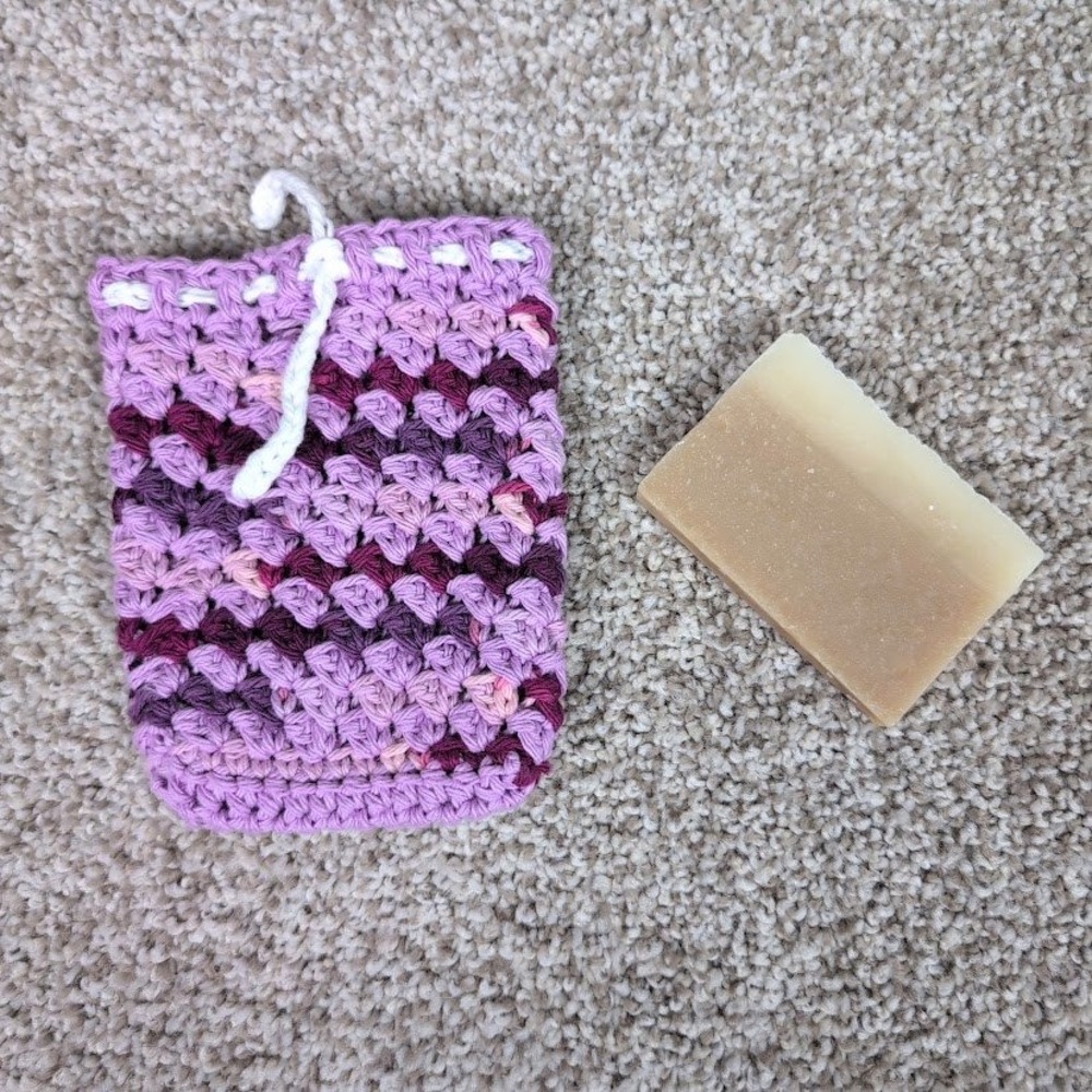 Handmade Crochet Soap Saver Pouch Orchid‎ Purple Exfoliating Drawstring